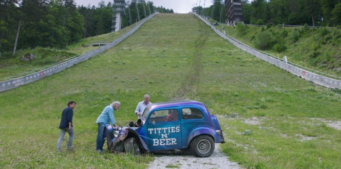 Nigel drives down a ski slope